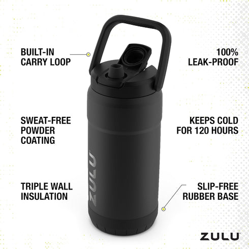 ZULU Goals Vacuum Insulated Large Capacity Stainless Steel Water Bottle | Reusable Jug with Carry Handle