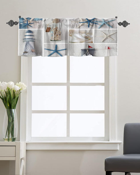 Summer Coastal Grid Valances Curtain for Kitchen Cafe, Ocean Starfish Lighthouse Window Treatment, 42"x 12"