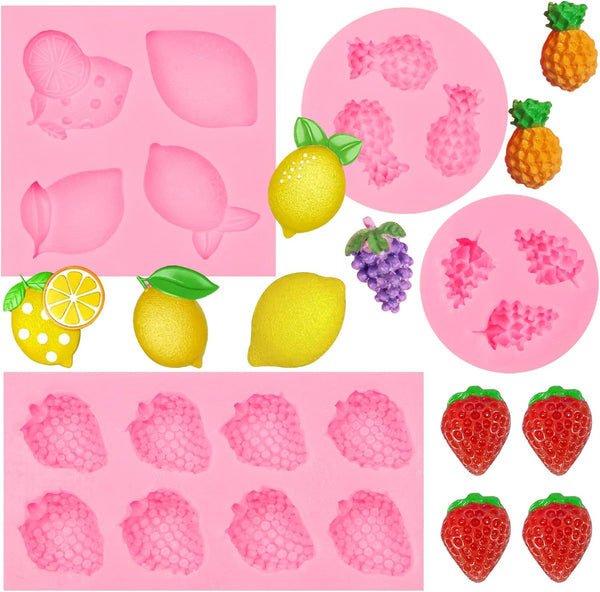 Silicone Fruit Snack Molds, 3D Strawberry Lemon Fondant Baking Molds, Mini Pineapple Grape Chocolate Molds for DIY