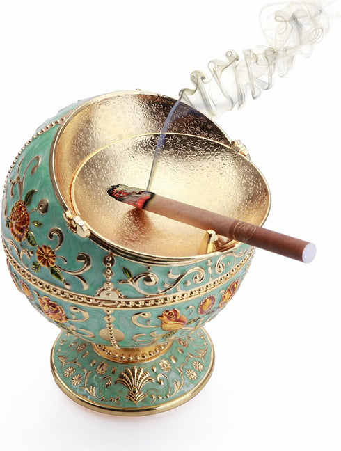 K COOL Windproof Ashtray with Lid - Metal Portable Cigarettes Ashtray for Outdoors Indoors - Hand Stamped Pattern (Jade