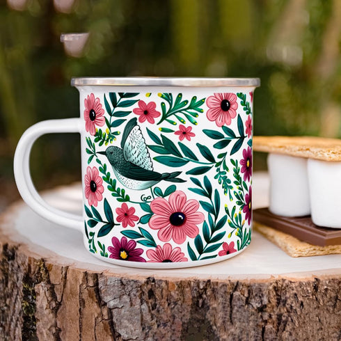 Floral Hummingbird Enamel Camping Coffee Mug, Botanical Garden Gift Cup for Women and Friends