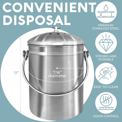 EPICA Countertop Compost Bin Kitchen, 1.3 Gallon, Odorless Composting Bin with Carbon Filters, Stainless Steel Kitchen