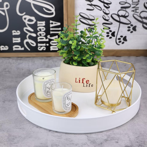 13 Round White Decorative Serving Tray with Handles, Versatile Ottoman Tray for Coffee Table, Entertaining, Outdoor