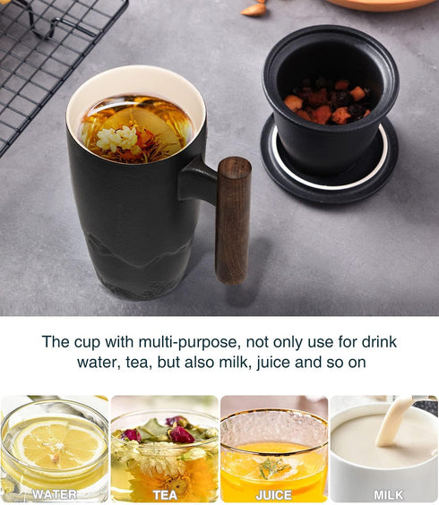 400ml/13.5oz suyika Tomotime Ceramic Tea Cup with Infuser and Lid Tea Mugs Wooden Handle Black
