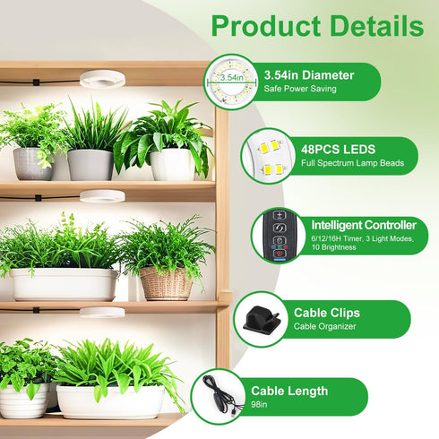 3 3000K+6000K 6/12/16H 3 10 Dimmable Head White Halo Angel Ring Ceiling LED Plant Growth Lights for Shelf, Full