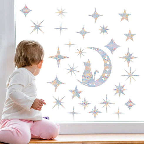 Cat Moon and 54PCS Star Window Clings, Anti-Collision Window Decals to Save Birds from Collisions