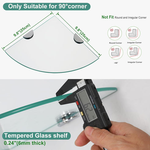 9.8" 9.8", 2 Pack Glass Corner Shower Shelves, Tempered Floating Glass Shelves Wall Mount, Shower Caddy Organizer
