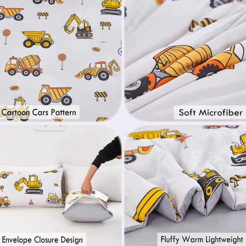 Sets Sets 3 Set ZRNBAST Construction Queen Bedding for Boys Kids Beige Cartoon Cars Excavator Tractor Comforter Pcs