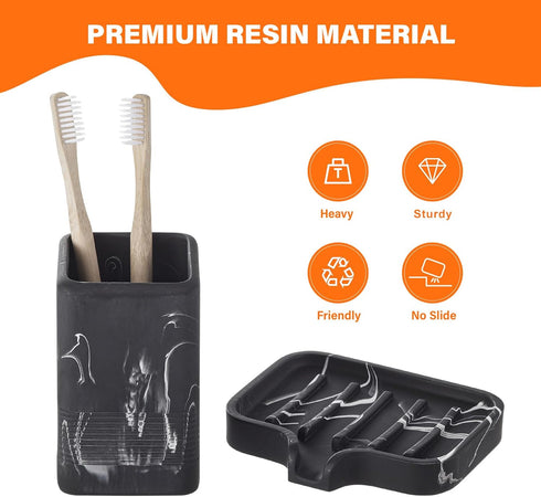 INIUNIK Set, Toothbrush Holder and Soap Dish Resin Toothbrush Cup Bathroom Cup Tumbler Marble Design, Self Draining Bar