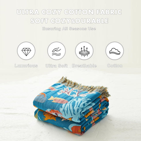 50"x60" MSGKV Throw Blanket for Couch Cotton Cute Ocean Animals Blanket Sofa Chair Blankets Muslin Spring Breathable