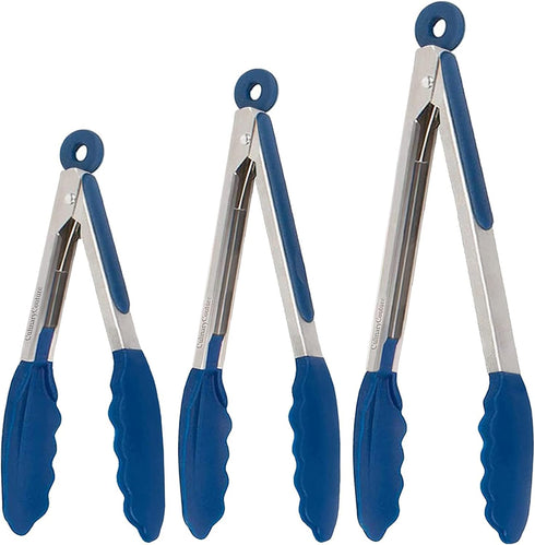 Silicone Kitchen Tongs Set of 3, Heat Resistant Locking Tongs for Cooking, Salad Tongs, Blue Utensils