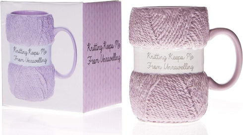 Boxer Gifts 'Knitting Keeps Me From Unraveling' Novelty Knitting Gift Mug, Light Pink with Realistic Yarn Detailing