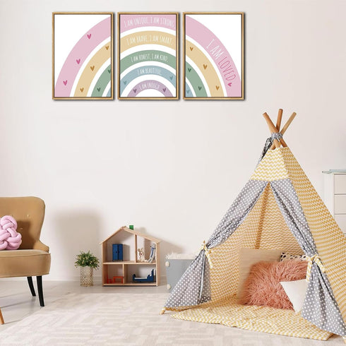 3Pcs 12x16in Rainbow Canvas Wall Art - Colorful Boho Nursery Wall Decor - Positive Affirmation Kids Heart Picture