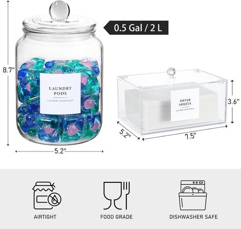Glass Jars and Dryer Sheet Holder Set, Dispenser with Lids and Labels for Laundry Room Organization, Airtight Half
