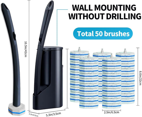 50 SetToilet Disposable Toilet Brush with Wand Cleaner Refills PadsWall Mounted Toilet Bowl Holder Cleaning System