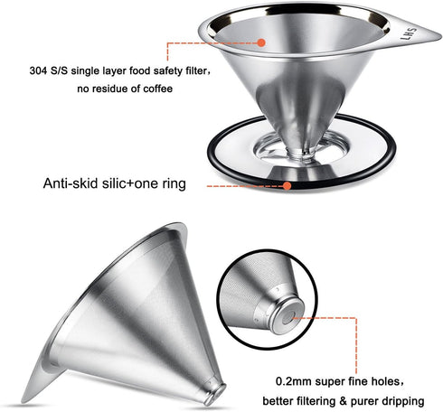 LHS Stainless Steel Pour Over Coffee Dripper - Reusable Metal Cone Filter - Single Cup Coffee Maker 1-4 Cup