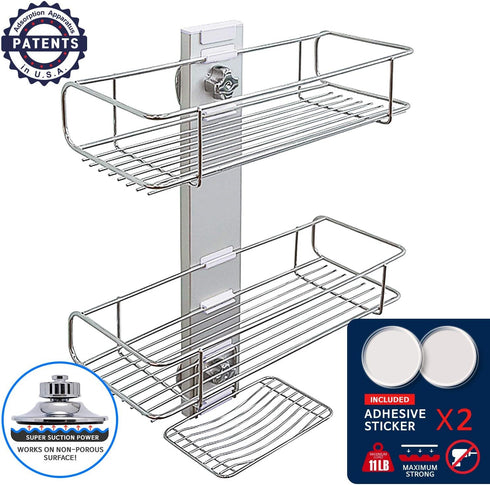 BATHBEYOND Shower Caddy Suction Cup Tier Shower Shelf - Adjustable 3 Tier Caddy with Extra Adhesive Sticker