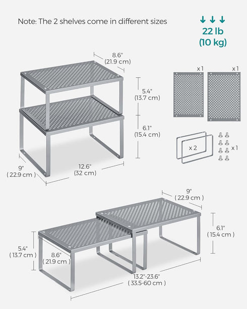 SONGMICS Spice Racks - Set of 2 Metal Cabinet Shelf Organizers, Stackable, Expandable, Silver