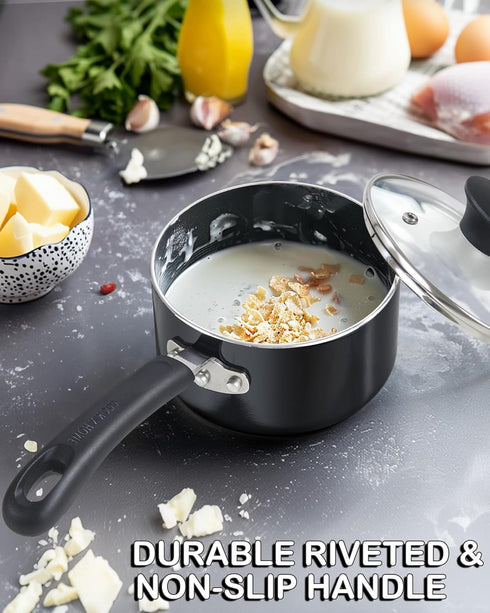 Cook N Home Nonstick Sauce Pan, 3-Qt with Glass Lid, Multi-purpose Kitchenware, Black Aluminum