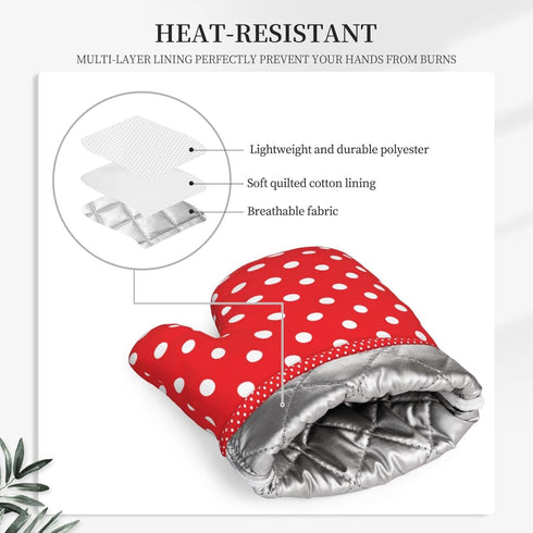 Polka Dot Oven Mitts and Pot Holders Set, Red and White, Heat Resistant Kitchen Gloves