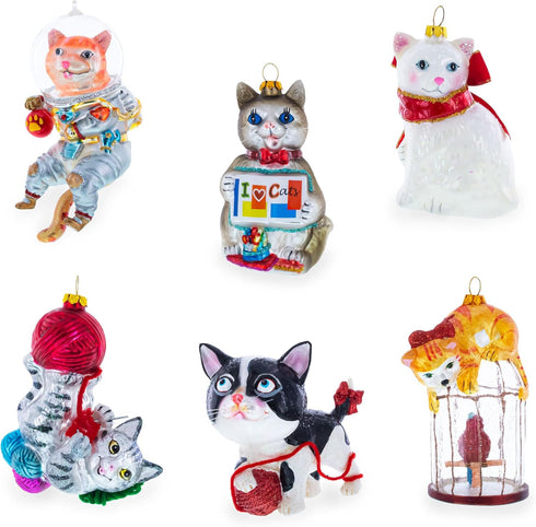 Playful Cat Blown Glass Christmas Ornament Entangled with Yarn Ball