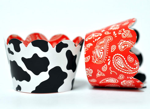 Cow and Bandana Cupcake Wrappers - Set of 24 Reversible for Kids Birthday Parties, Baby Showers, Farm Events