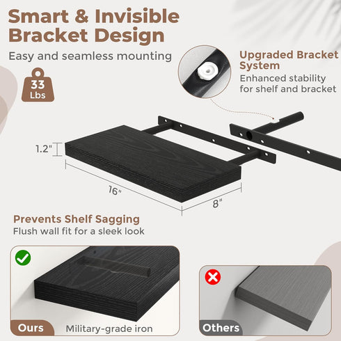 16 Inch Set 2, 8"D Floating Shelves for Wall of Wood Grain Bathroom Shelves with Invisible Brackets, Easy Install
