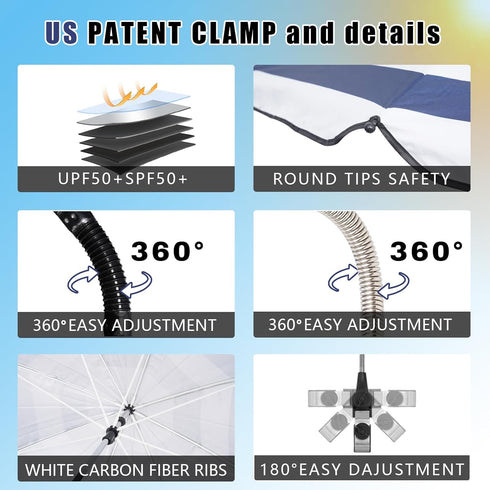 GRANDMEI Clamp,46 inches 50+ Chair Umbrella with UPF Clip on Parasol for Patio,Beach Chairs,Strollers,Wheelchairs,Golf