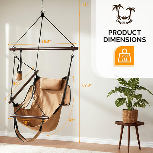 ONCLOUD Hammock Upgraded Unique Hanging Sky Chair, Air Deluxe Swing Seat with Rope (Tan)