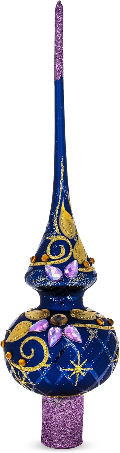Purple Jewels and Golden Leaves on Blue Mouth Blown Glass Christmas Tree Topper, 11 Inches