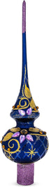 Purple Jewels and Golden Leaves on Blue Mouth Blown Glass Christmas Tree Topper, 11 Inches
