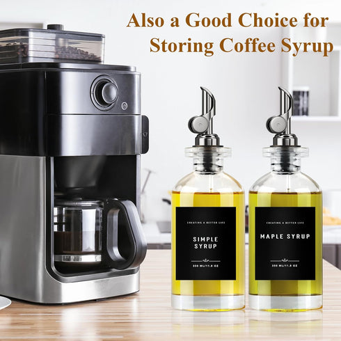 Set Olive Oil Dispenser Bottle with Bamboo Tray, GIXSEGIE Oil and Vinegar Dispenser w.Metal Pour Spout, Coffee Syrup