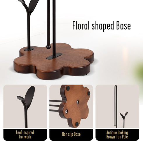 Countertop, Wooden Paper Towel Holder Floral Base with Dual Iron Rods in Antique Brown Finish, Leaf-Shaped Accent