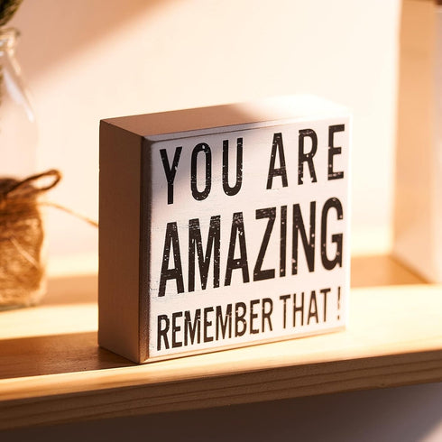 Inspirational Wooden Box Sign, You are Amazing Remember That Motivational Quote Desk Decor for Home Office Bedroom