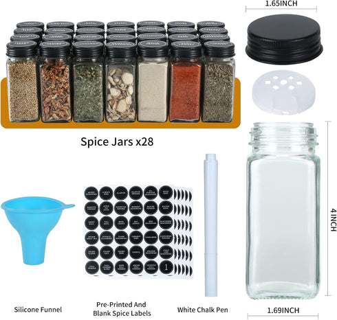 28 Set Countertop, Skiileor Spice Rack Organizer with Spice Jars, Black LidsSpice Labels, Chalk pen and Funnel