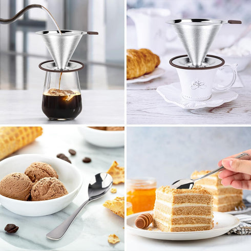 Pour Over Coffee Dripper, Professional Stainless Steel Filter, Paperless Reusable with Spoon and Silicone Tray