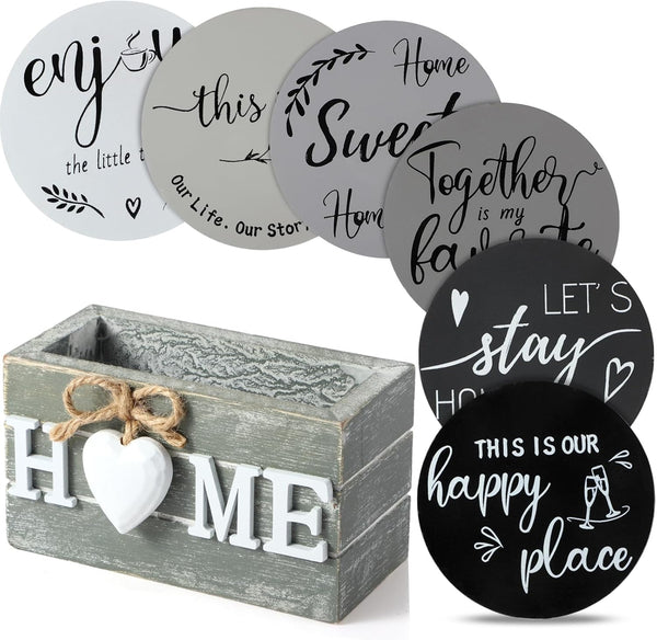 Queekay Coasters Set of 6 House Warming Gifts New Home Wooden Farmhouse