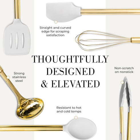 Set 7-Piece White Silicone and Gold Cooking Utensils with Gold Utensil Holder - Silicone Cooking Tools - Ideal