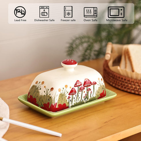 Ceramic Mushroom Butter Dish with Lid for Countertop, Large Covered Butter Tray (White & Red Mushroom)