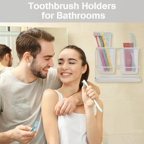 White Toothbrush Holders for Bathrooms, Wall Mounted with 2 Cup, Dry & Wet Separation, Bathroom Countertop Organizer Set