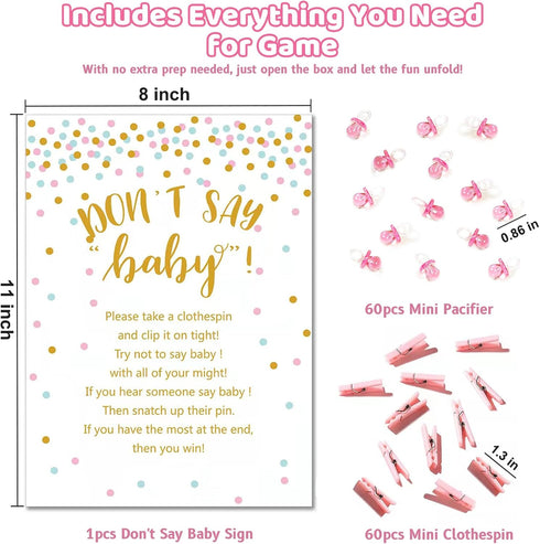 Don't Say Baby Shower Clothespin Game for Girl, Includes 8x11 Standing Sign, 60 Mini Pink Clothes Pins and Pacifiers