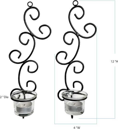 Set 2, 2 Lilys Home Deco Swirl Wall Sconce Tea Light Candle Holders, Steel, Black, of with Clear Glass Tealight Candle