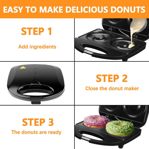 Donut Maker, Doughnut Machine, Bake 2 Donuts, Double-sided Heating, Non-stick Surface, Perfect for Breakfast, Easy to