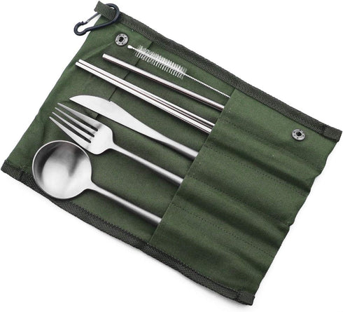Reusable Travel Utensils Set - 7 Pieces Portable 18/10 Stainless Steel, Includes Knife, Fork, Spoon, Chopsticks,