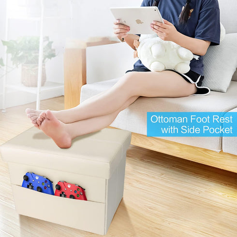 16 inch (Beige-2) AmasSmile Storage Ottoman Folding Foot Rest Stool with Side Pocket, Leather Footstool Bench, Short