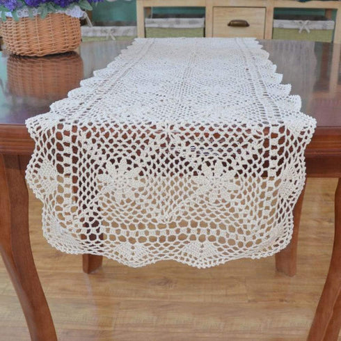KEPSWET 14x36 inch White Cotton Crochet Lace Rectangular Table Runner - Handmade Table Decoration