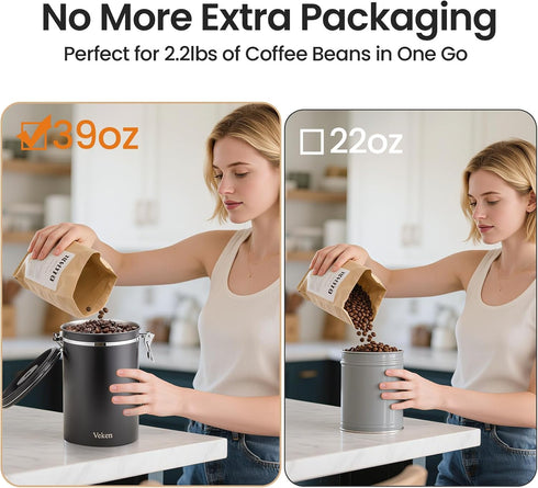 39OZ Set,Airtight 2.2lbs Veken Coffee Canister, Large Christmas Coffee Lovers Gift Basket Stainless Steel Food Storage