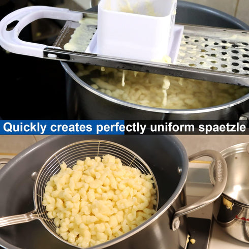 Skimmer Set Premium Grade Stainless Steel Spaetzle Maker with Safety Pusher, Stainless Steel Spider Strainer Spoon