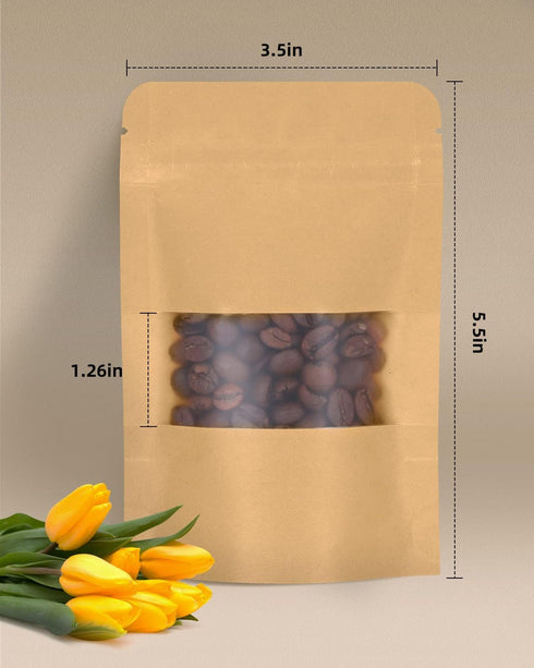 100pcs Kraft Bags with Window, 3.5x5.5 Inches, Brown Reusable Zip Lock Food Storage Pouches