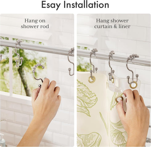 Amazer Shower Curtain Hooks, Plastic Double Shower Curtain Rings for Bathroom Shower Curtain Rod - Set of 12, Nickel